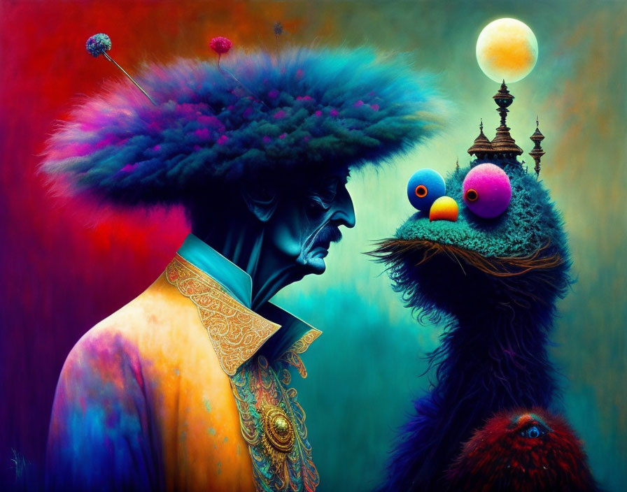 Vibrant surreal artwork: man with headdress meets whimsical creature