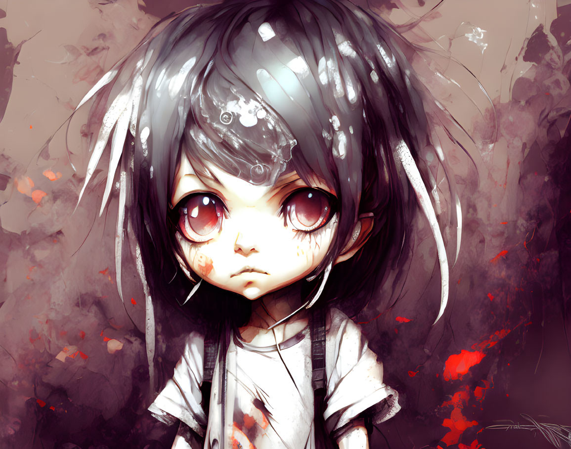 Child with expressive eyes and gray hair in anime-style illustration