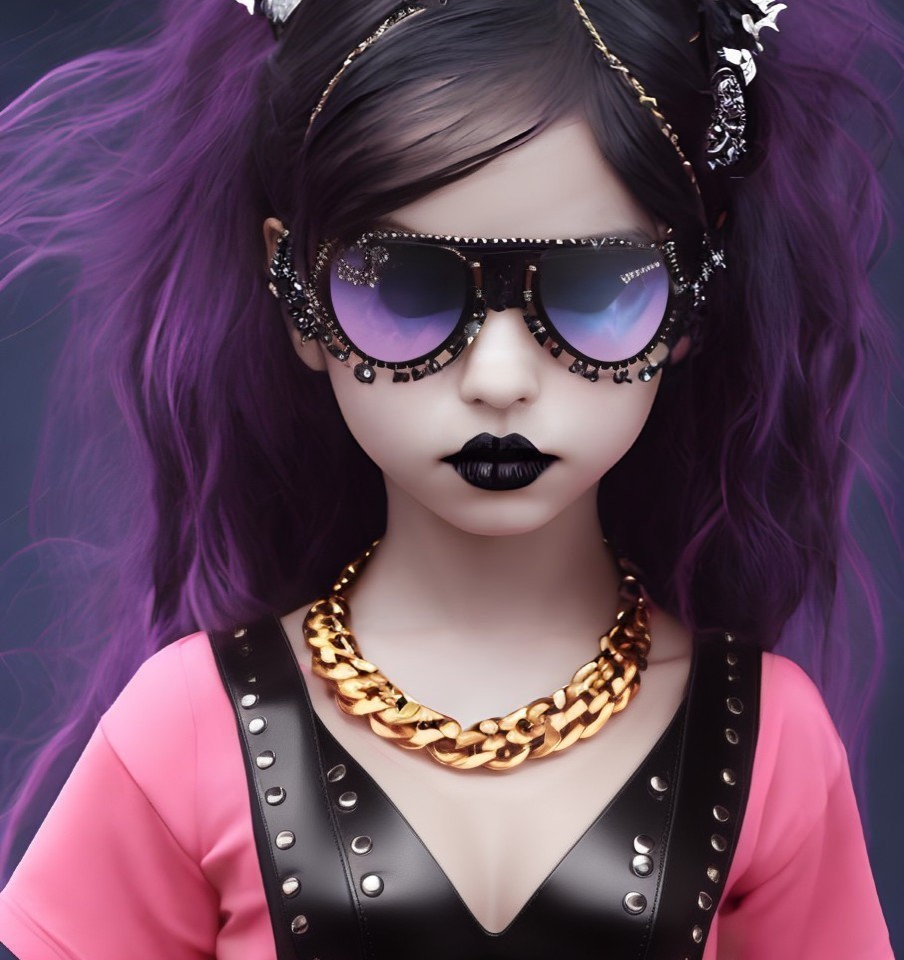 Stylized figure with purple hair and gemstone sunglasses in pink top