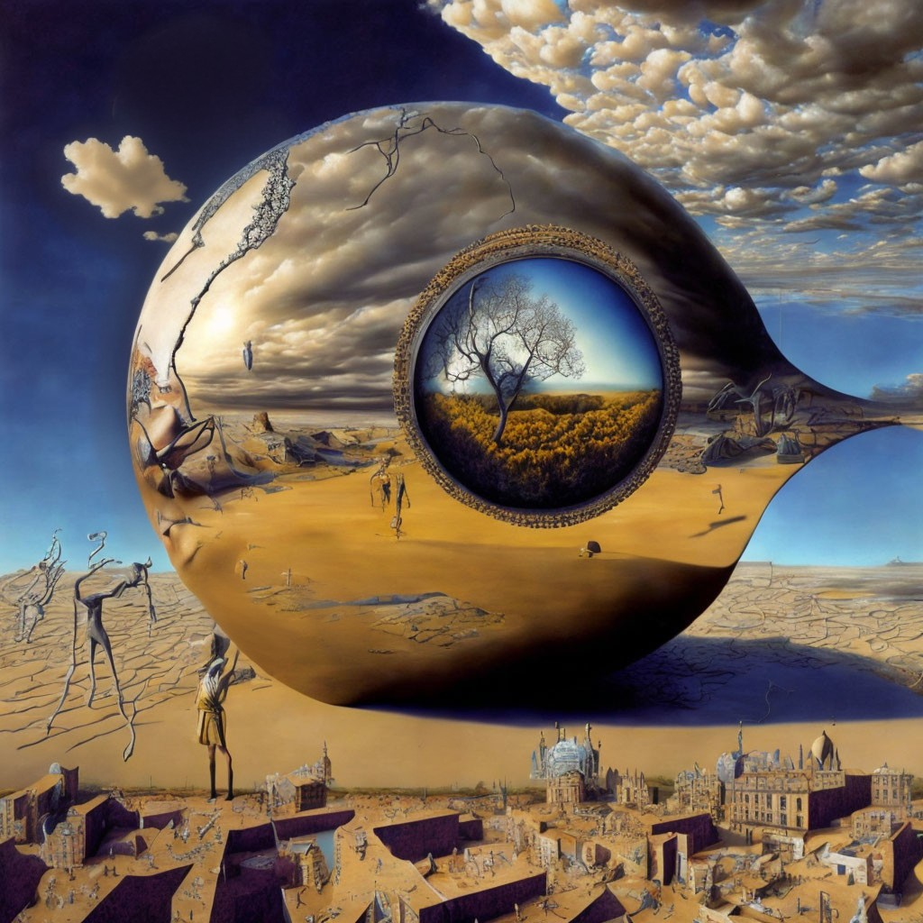 Surrealistic painting: large eye-shaped object reveals landscape, figures, and cityscape.