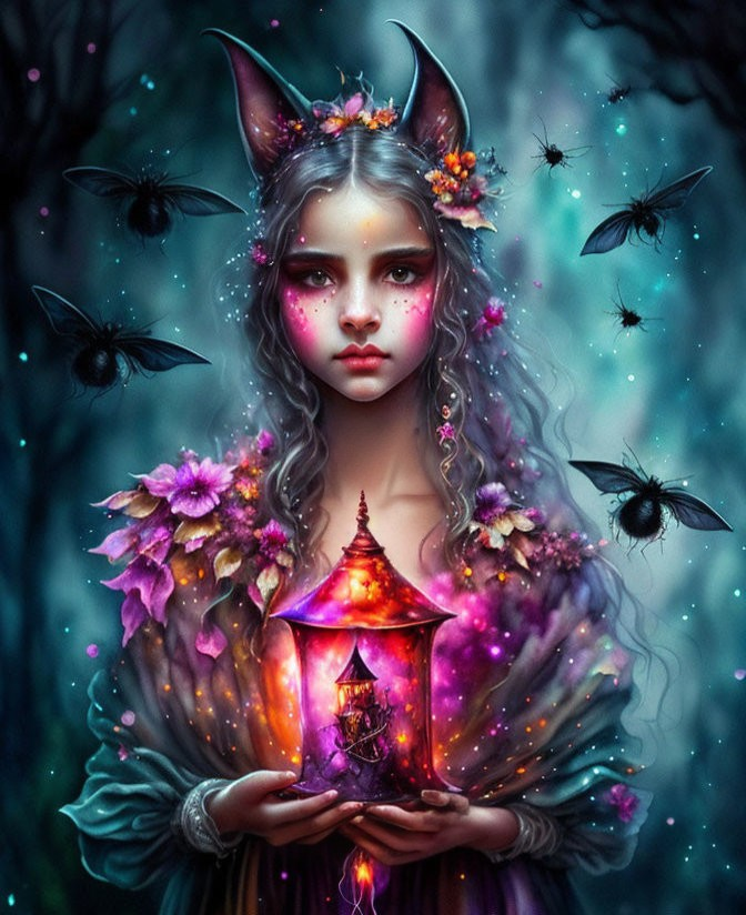 Mystical girl with cat ears holding lantern among butterflies