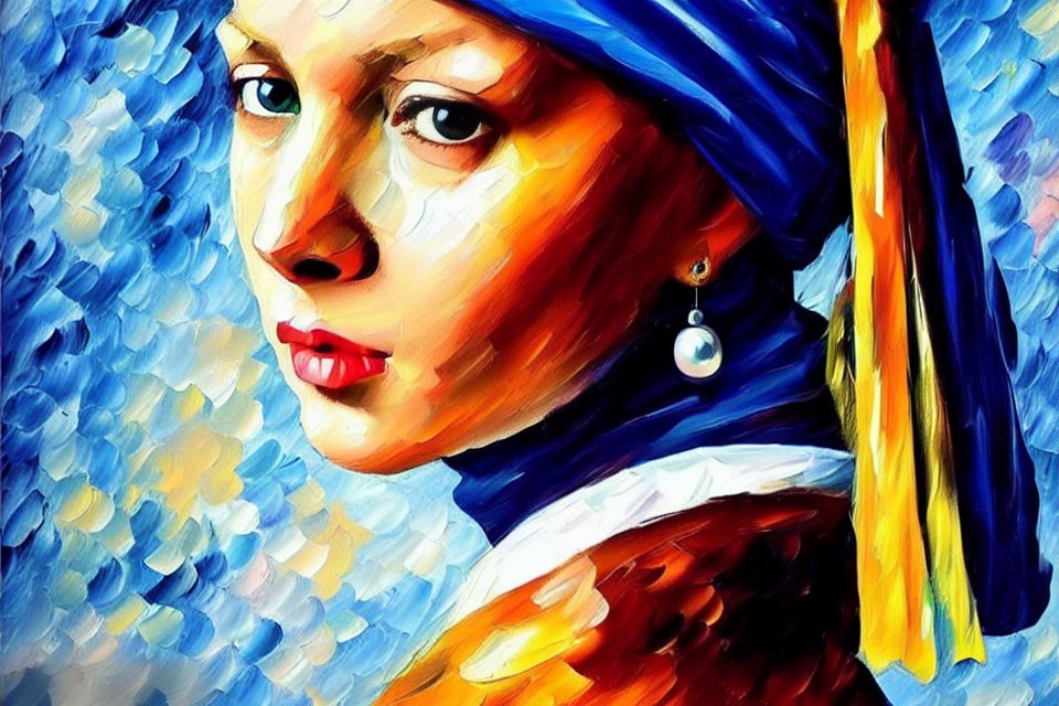 Vibrant impressionist painting of woman with blue headscarf