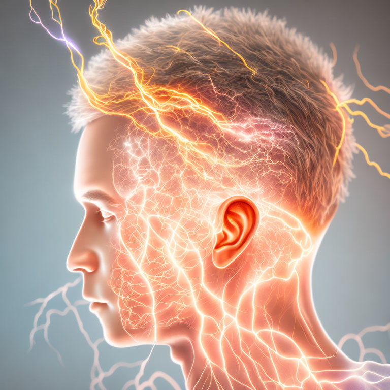 Human head illustration: Brain activity visualized with lightning bolts.