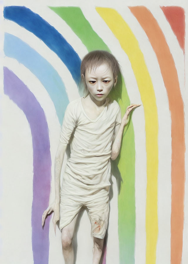 Surreal painting: Pale humanoid figure with large eyes in front of colorful arcs