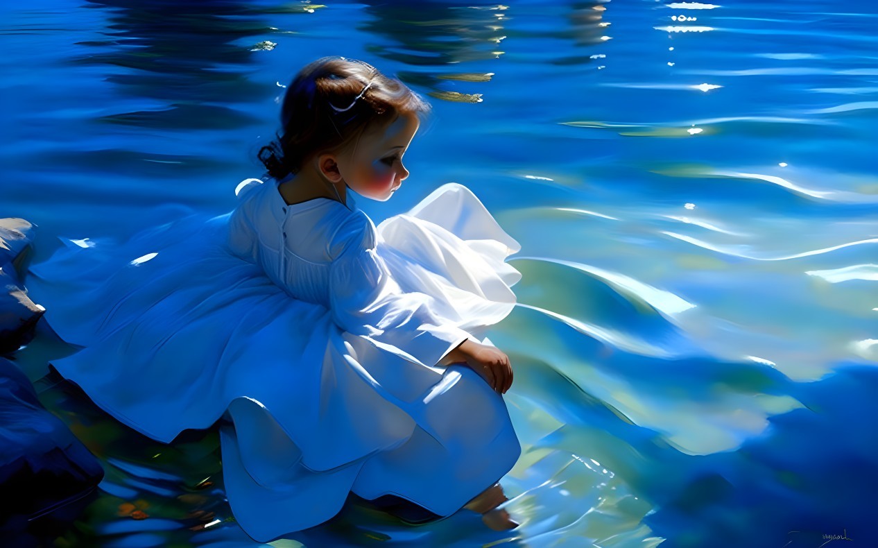 Young girl in white dress by sparkling blue water under sunlight