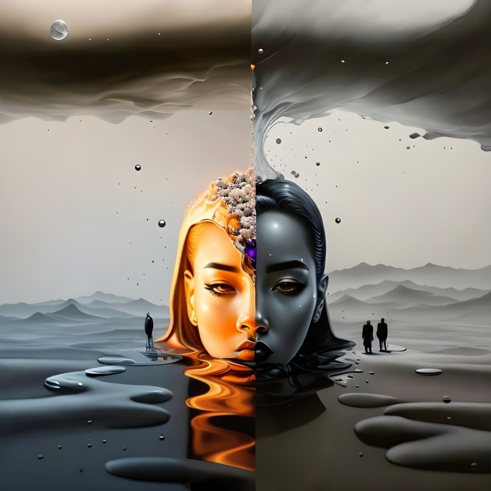 Woman's face split between sunset and stormy seascape in unique image