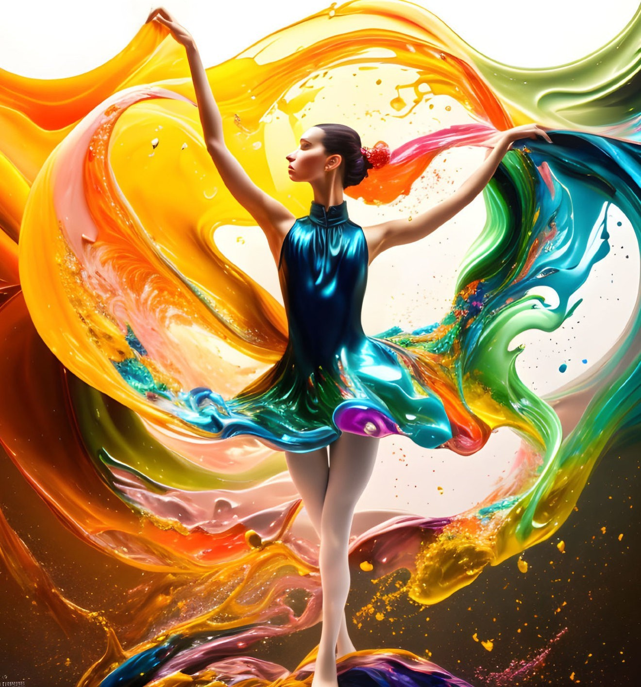 Graceful Dancer Surrounded by Colorful Liquid Shapes