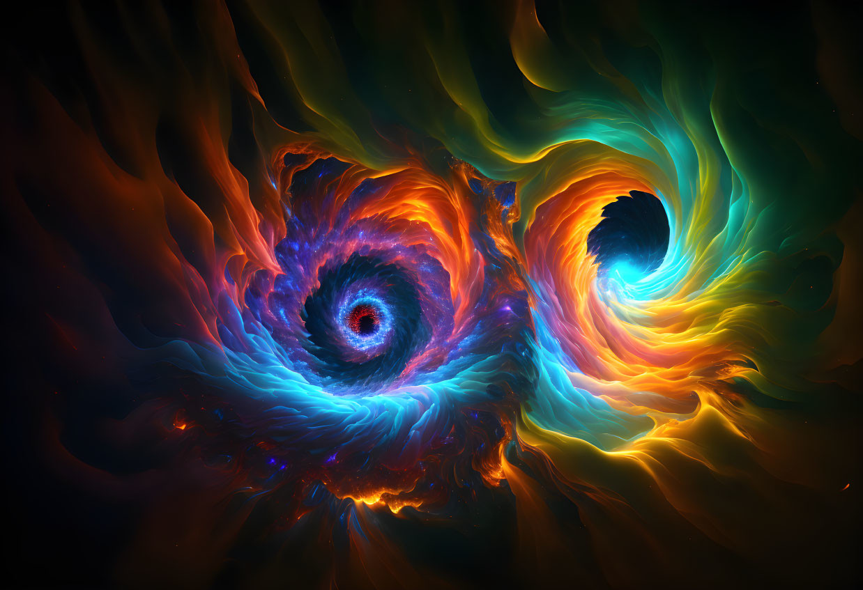 Colorful digital artwork: swirling nebulae in blues, oranges, and yellows.