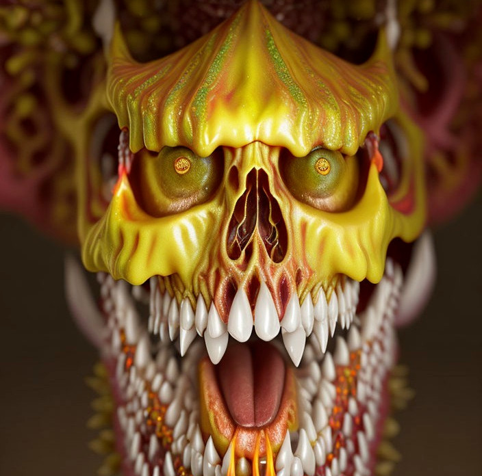 Fantastical creature head with yellow eyes and sharp teeth in close-up