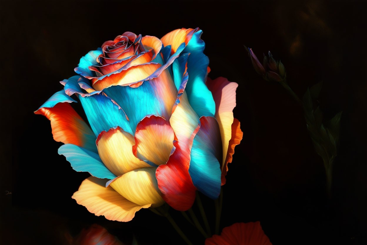 Colorful Rose with Blue, Orange, Yellow Petals on Dark Background