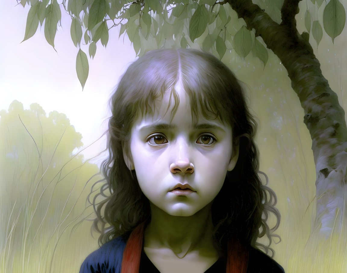 Young girl with dark hair under a tree in digital painting