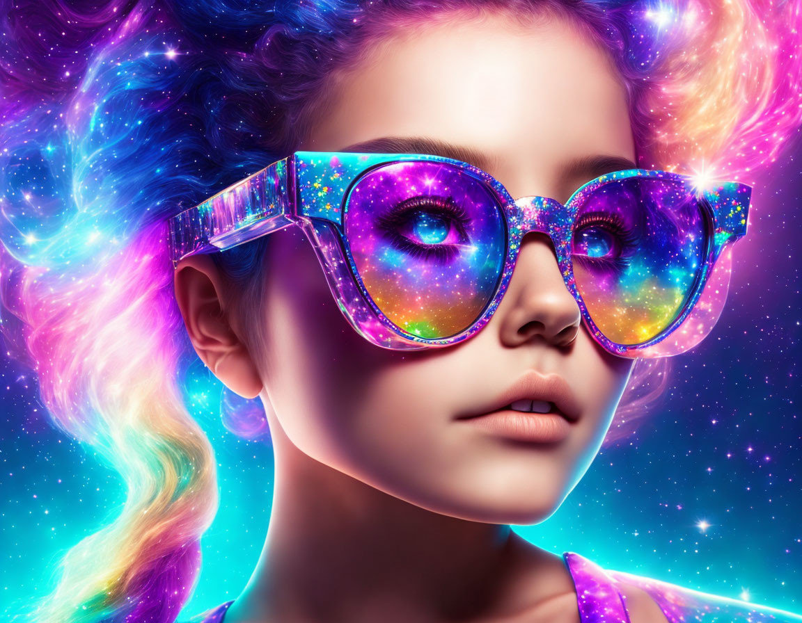 Vibrant cosmic-themed hair and glasses on a woman against starry background