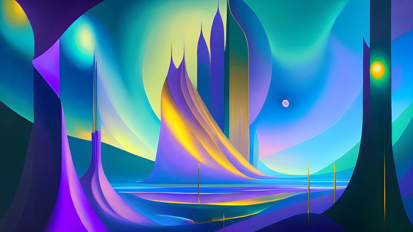 Vibrant futuristic alien landscape with towering spires and illuminated orbs