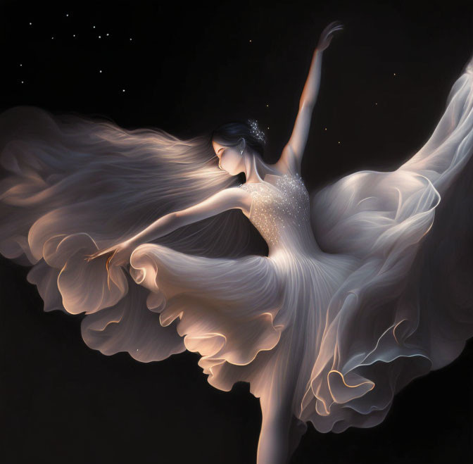 Graceful dancer in flowing white dress against dark backdrop with star-like sparkles