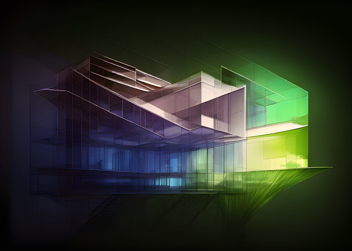 Translucent abstract illustration of modern multi-level building in green, yellow, and blue hues