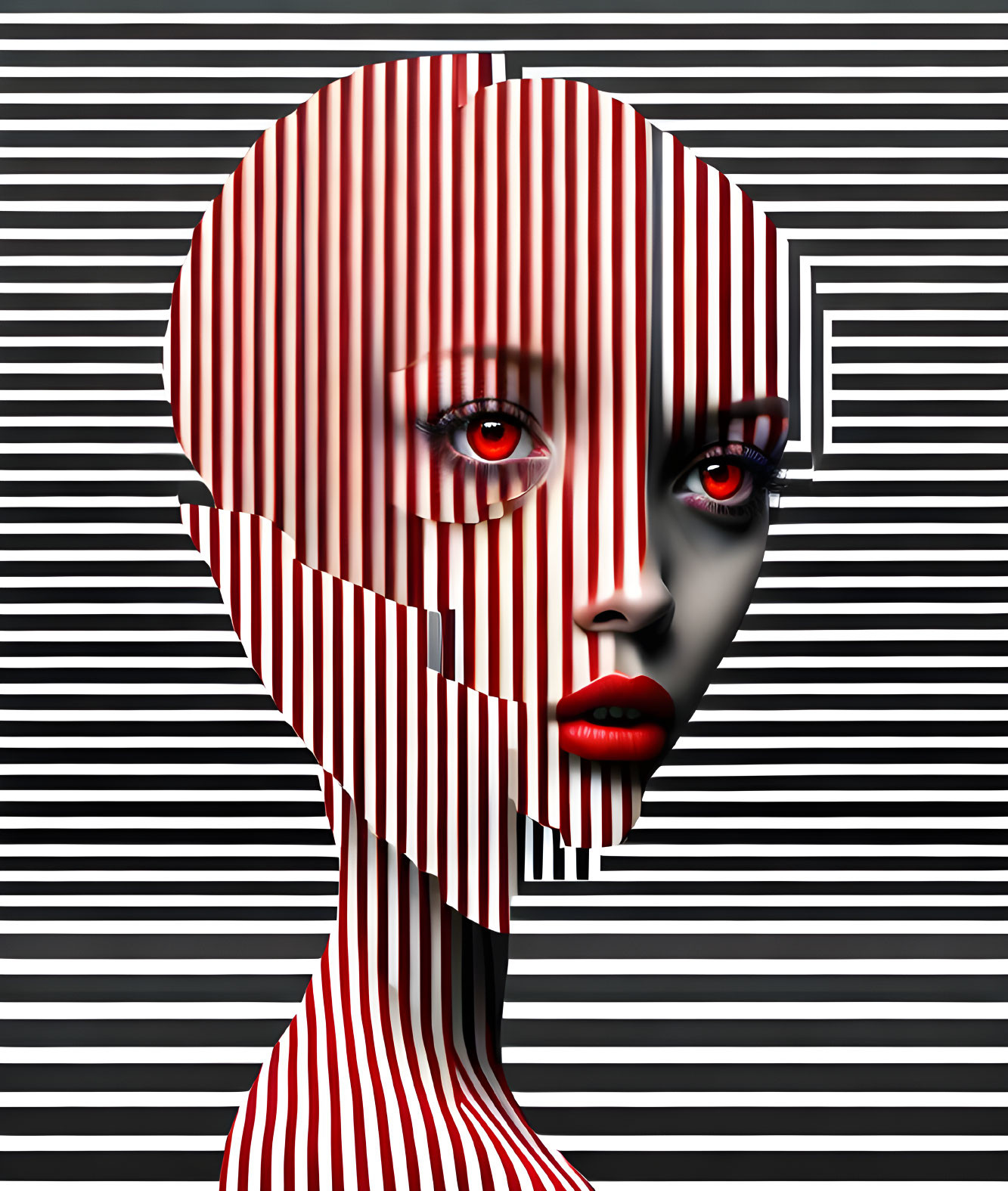 Digital artwork: Female face split design with red vertical stripes on black and white background