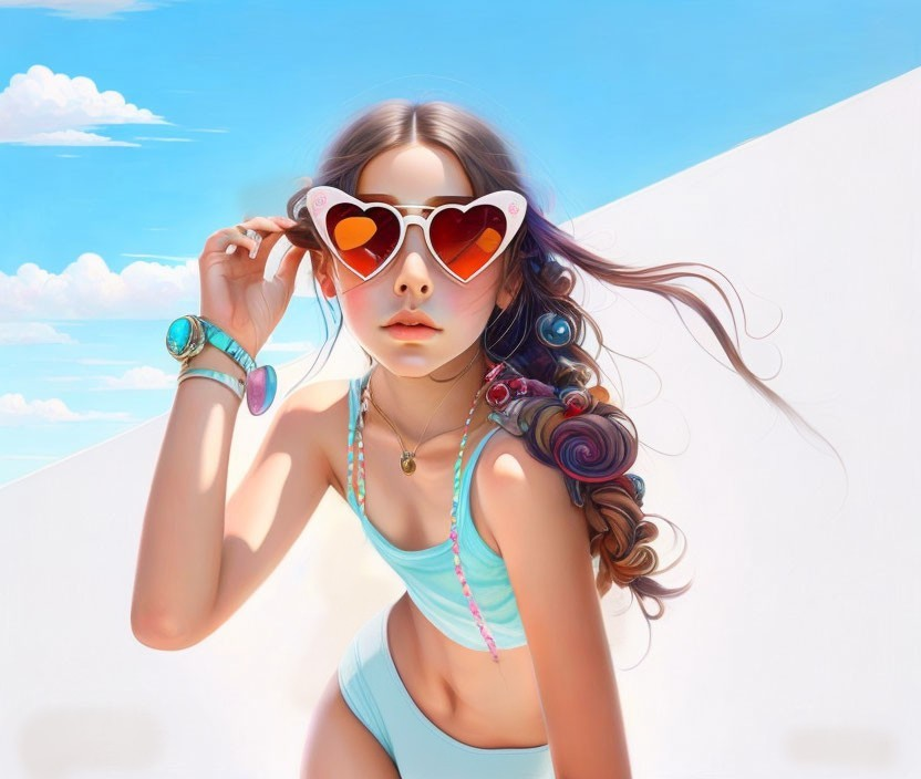 Illustration of girl with heart-shaped sunglasses and colorful accessories on blue sky background