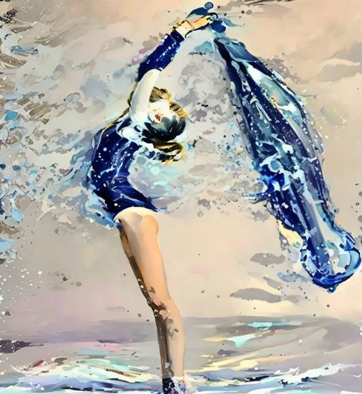 Illustration of female figure dancing gracefully in flowing blue dress