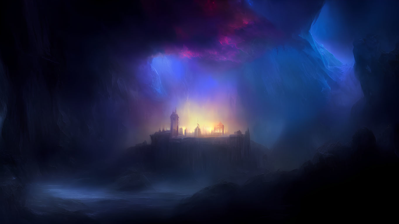 Mystical castle glowing in cavern with blue and pink lights