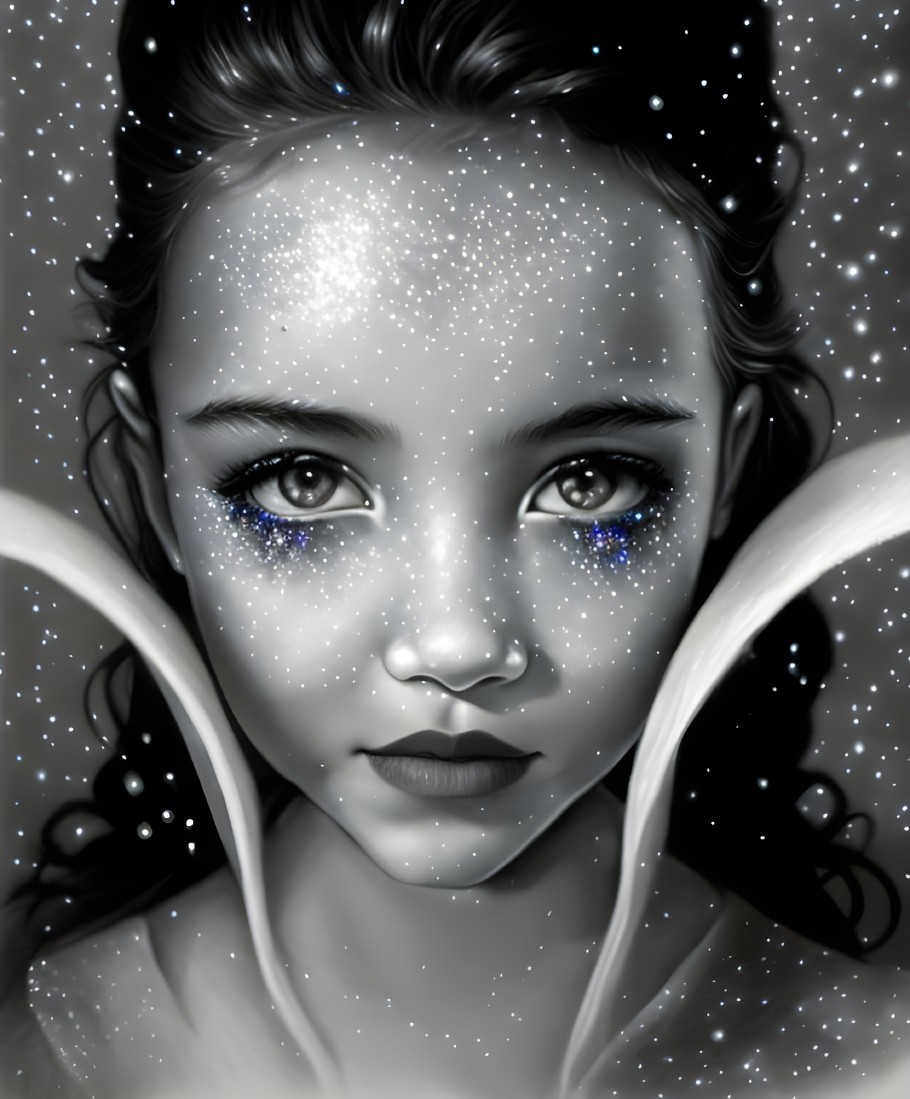 Young female monochrome portrait with sparkling blue eyes and starry backdrop