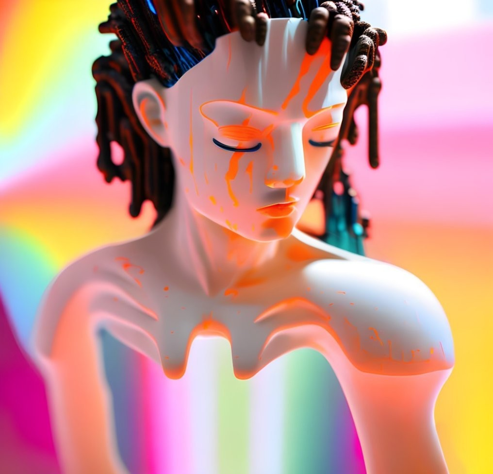 Vibrant 3D illustration of person with closed eyes and paint drips on skin on rainbow