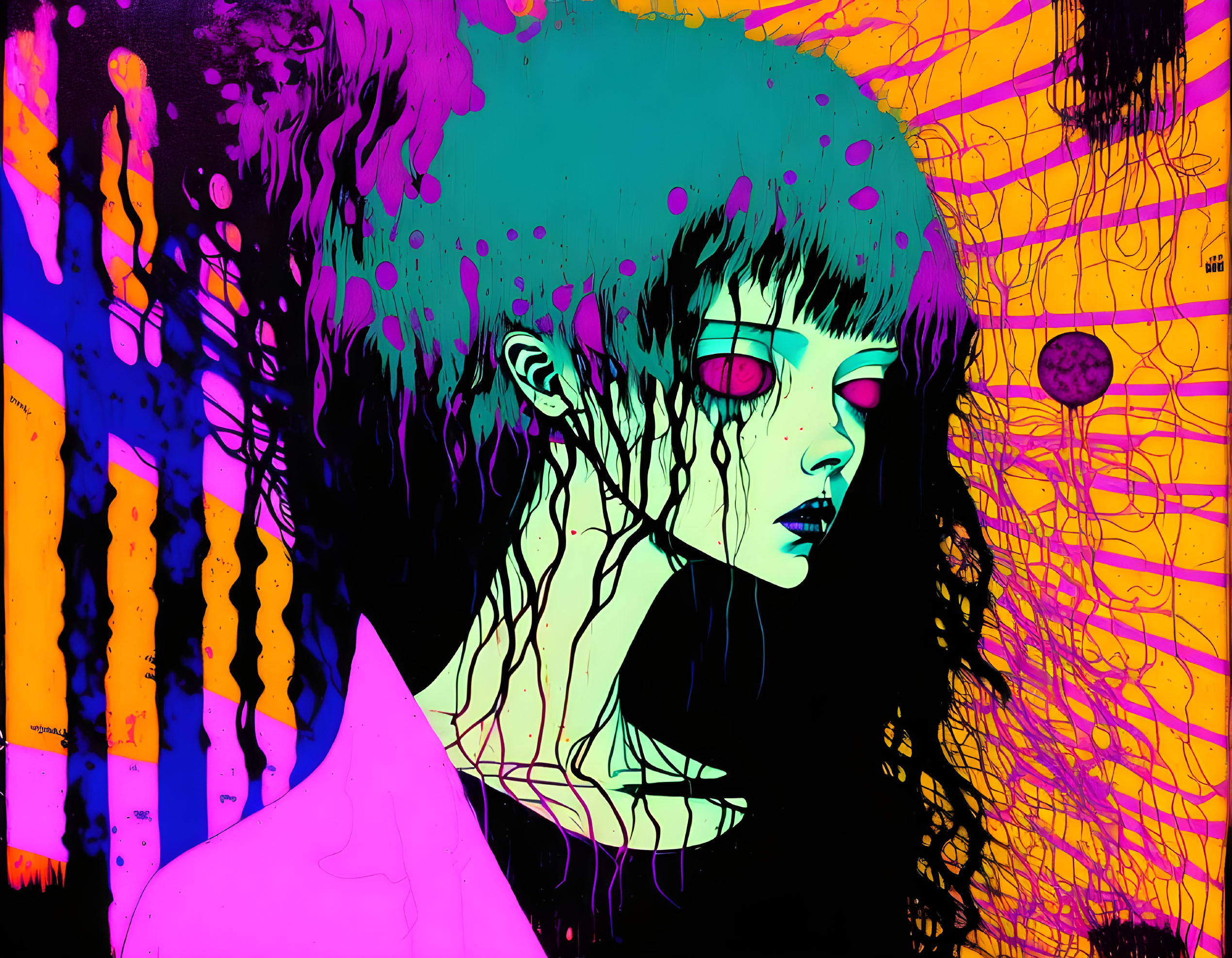 Abstract Art: Girl with Black Hair & Pink Eyes on Vibrant Neon Background