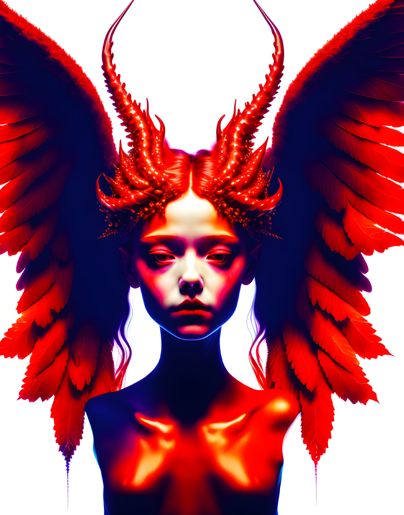 Digital artwork: Person with long wavy hair, red wings, horned headdress in red &