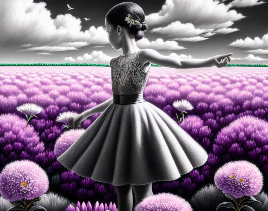 Monochrome image of girl in dress in purple floral field with flying birds