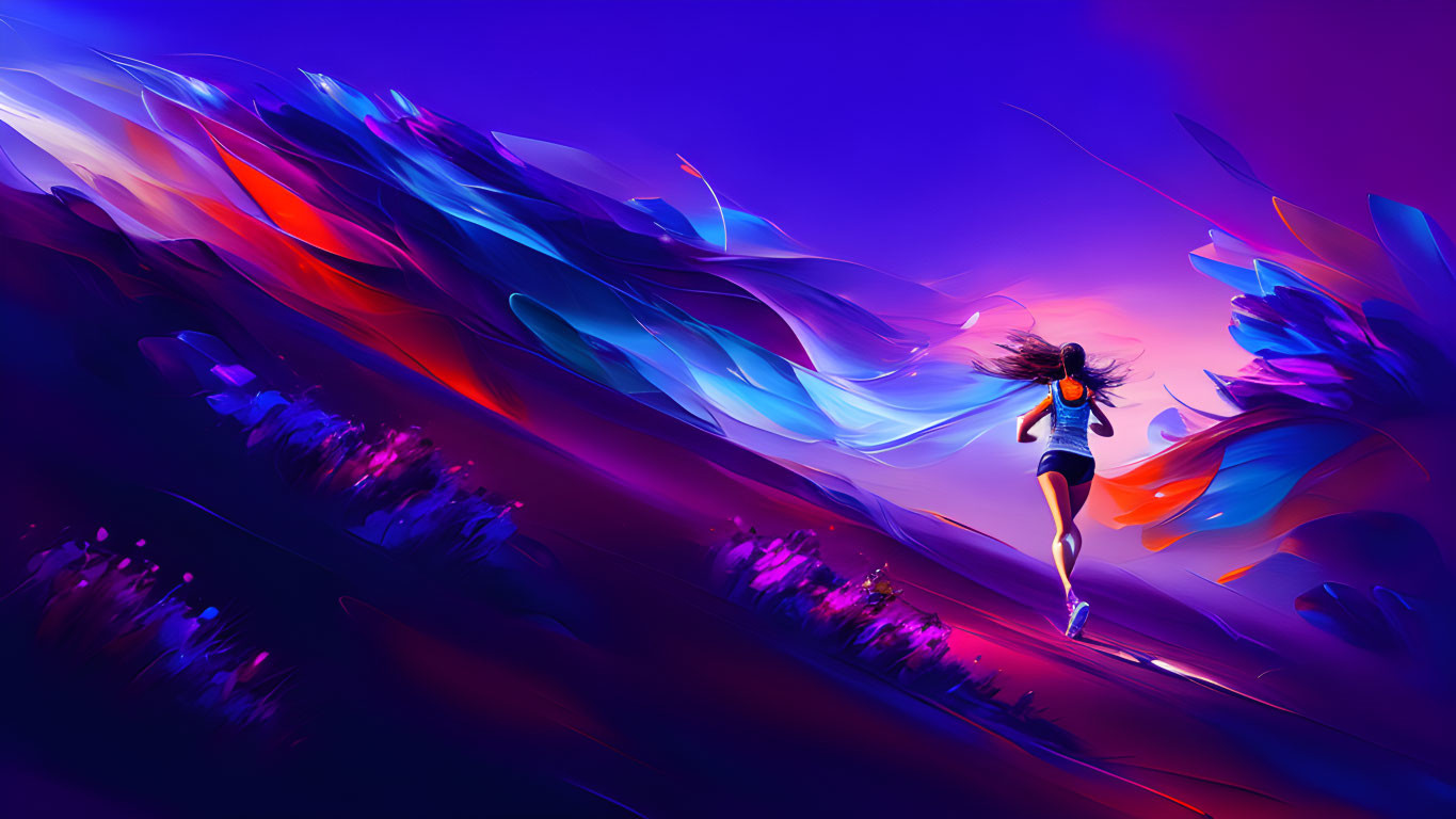 Surreal female runner illustration on vibrant purple background