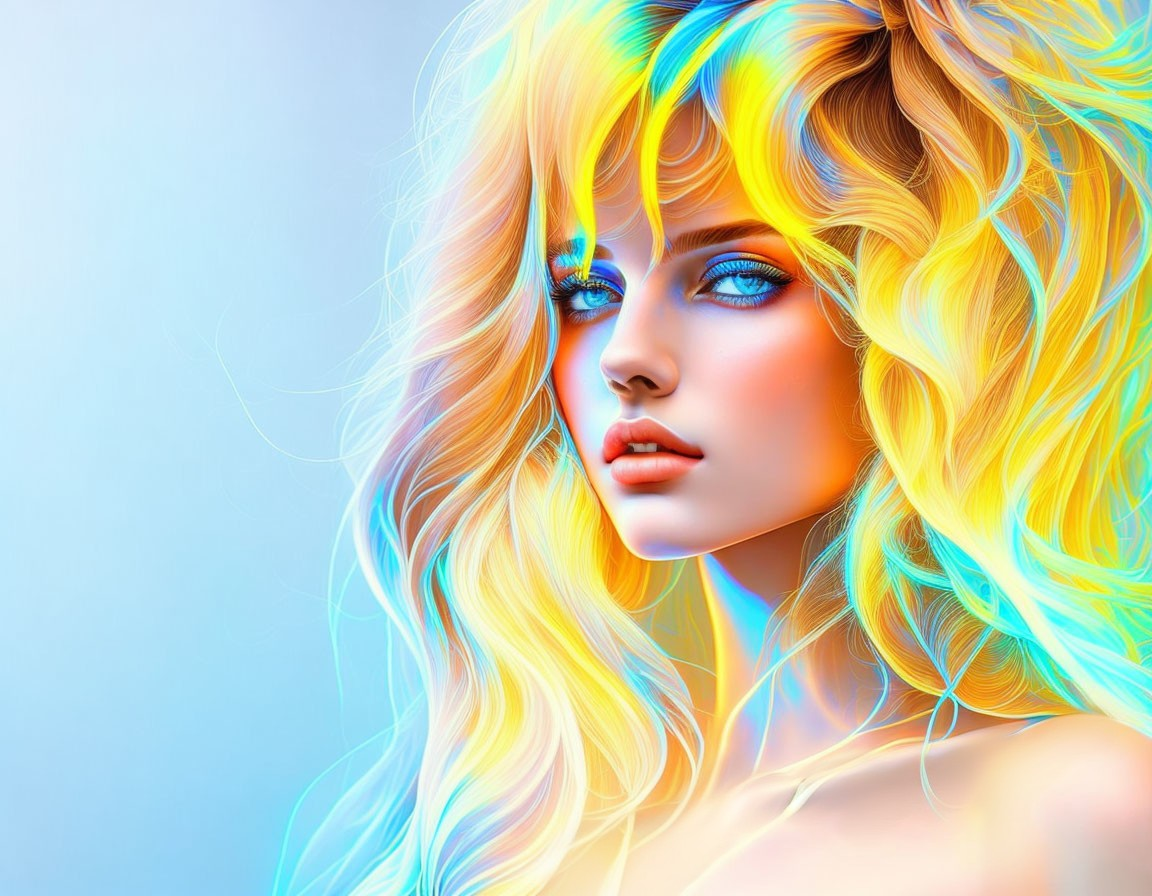 Illustration of woman with blonde hair and blue eyes on soft blue background