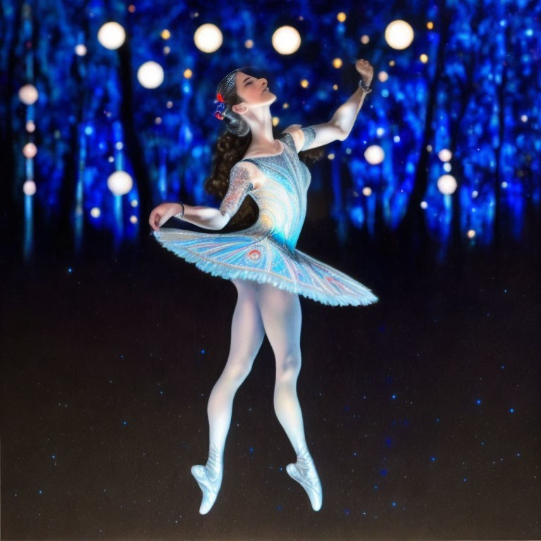 Ballerina in Blue Costume with Peacock Pattern Performing under Glowing Starry Lights