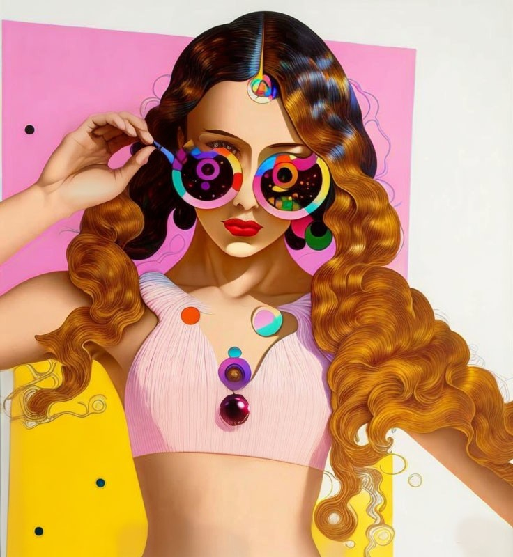 Colorful Woman with Wavy Hair Adjusting Sunglasses on Playful Background