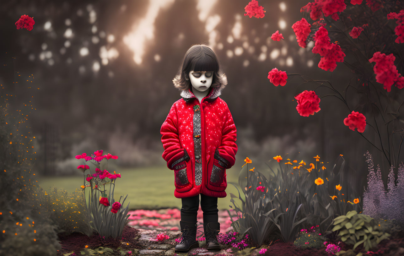 Child in Red Coat Surrounded by Vibrant Garden