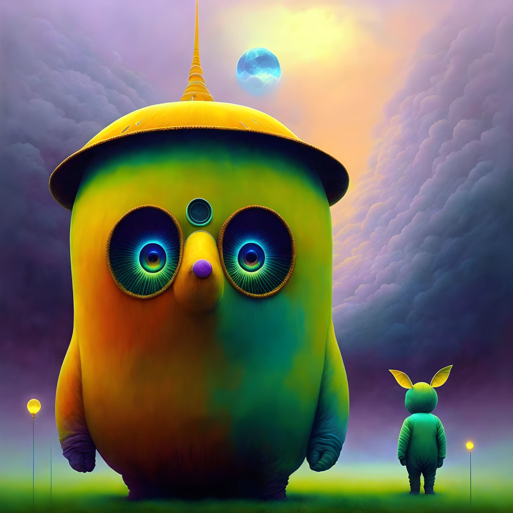 Colorful digital artwork: Large whimsical creature with big eyes meets smaller being under surreal purple sky.