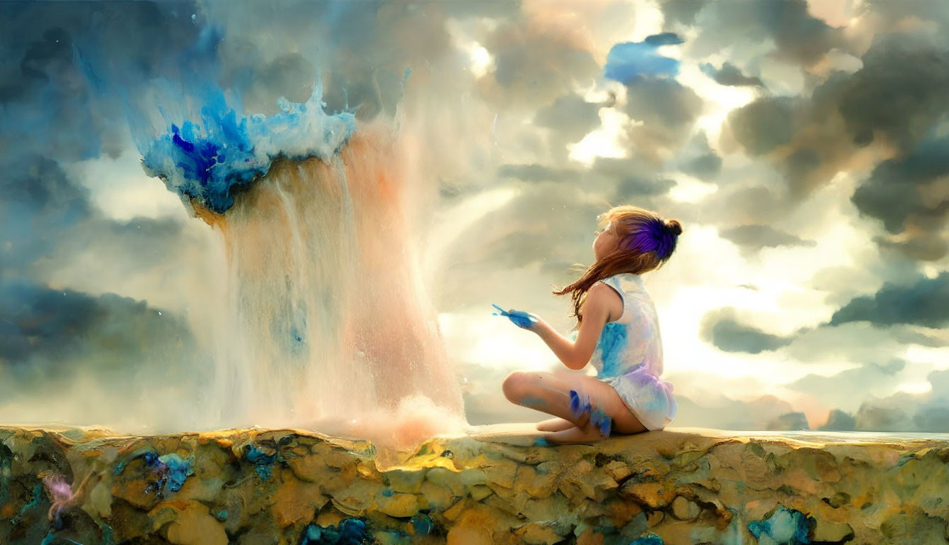 Person with Body Paint Sitting by Colorful Waterfall