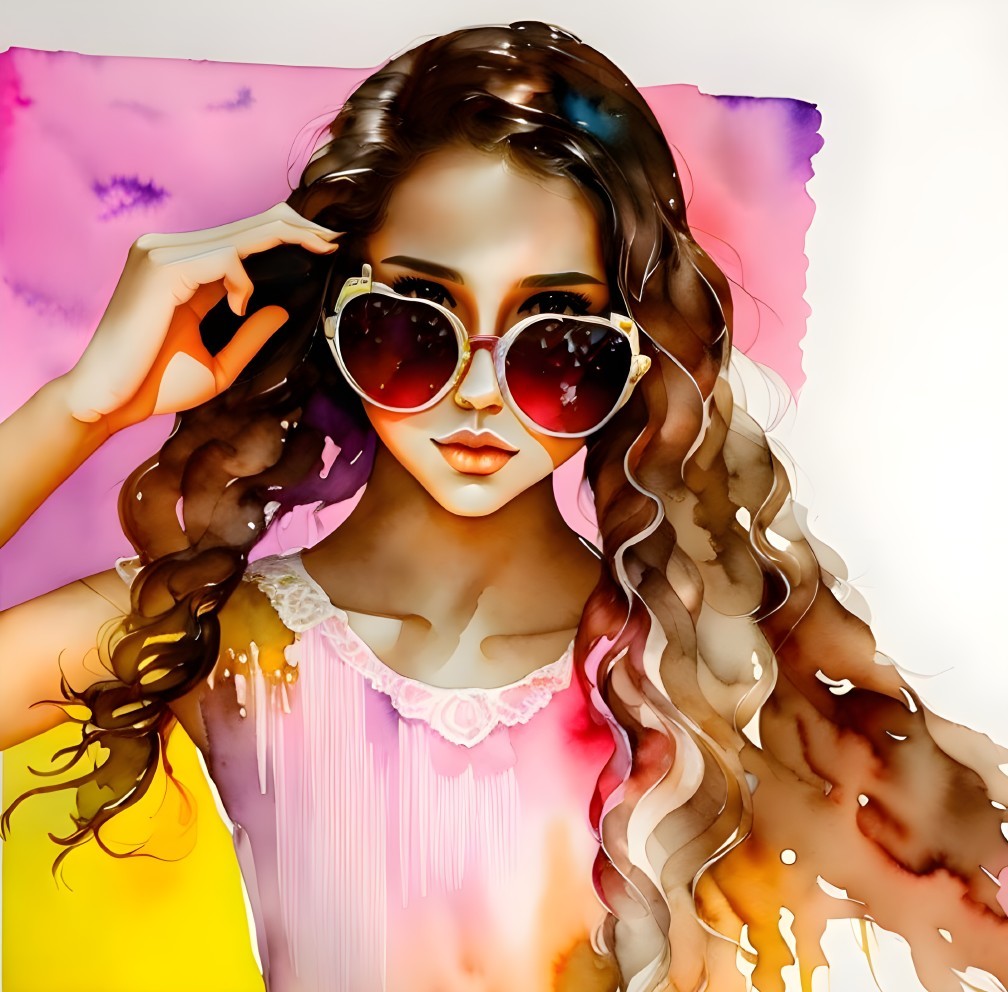 Stylized illustration of woman with wavy hair in sunglasses on colorful background