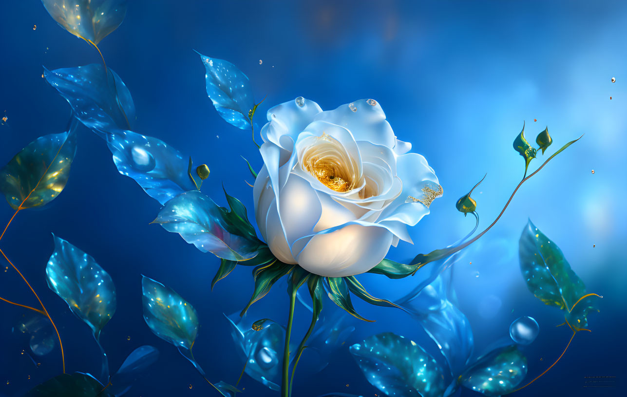 Luminescent white rose with golden center in digital artwork