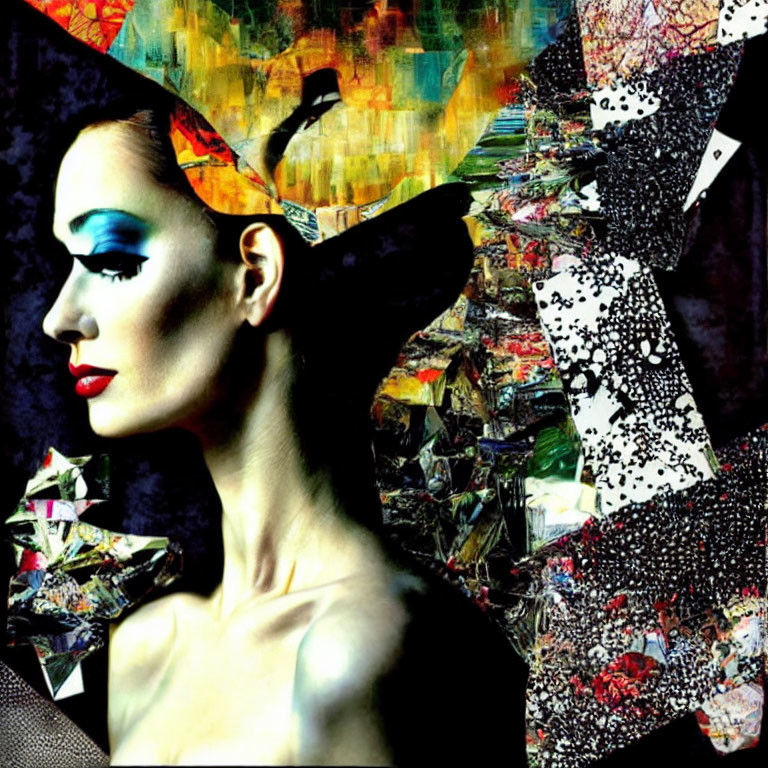 Abstract Collage Featuring Woman with Dramatic Makeup and Vibrant Shapes