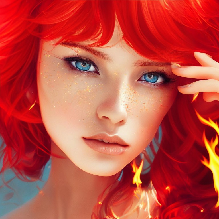 Vibrant red hair, blue eyes, freckles in digital portrait