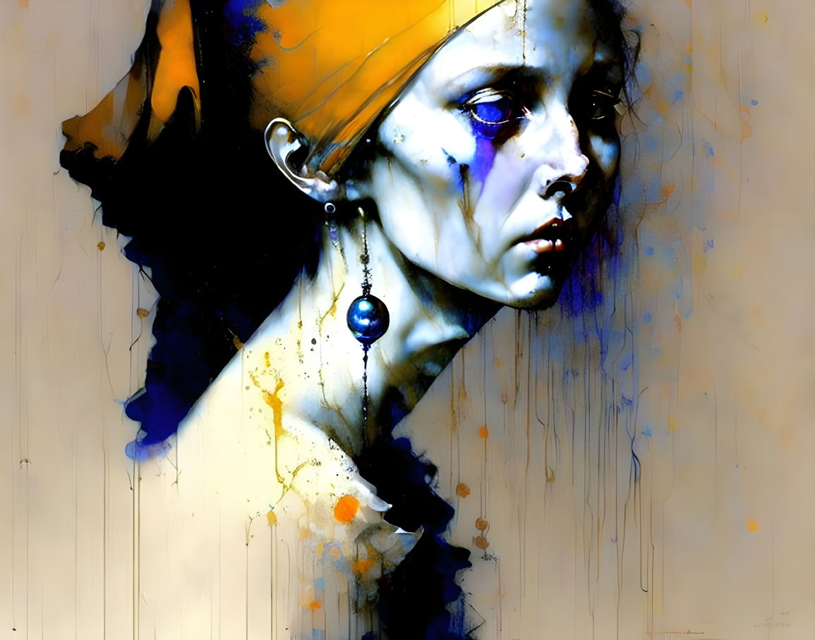 Woman portrait with blue and yellow paint smears and earring on face against dripped paint background