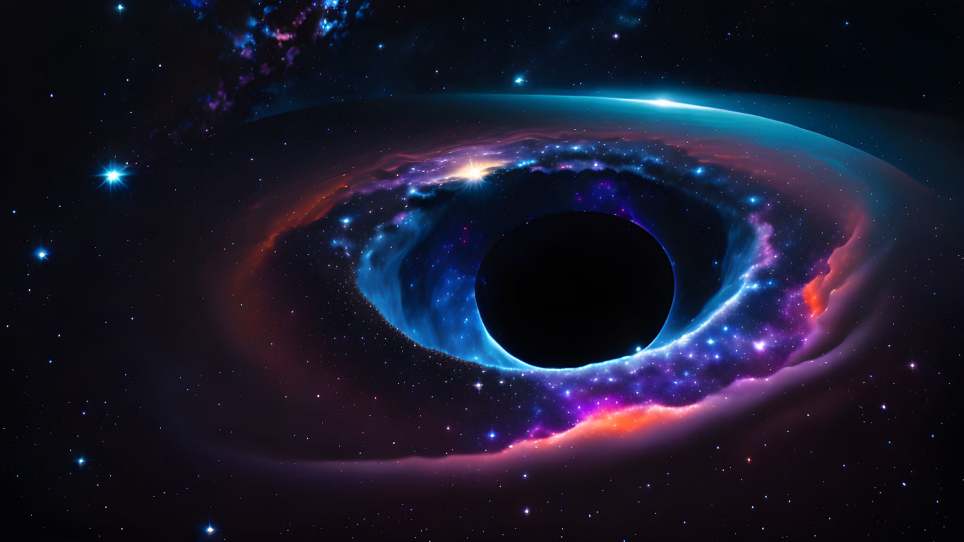 Colorful depiction of black hole with swirling accretion disk in space