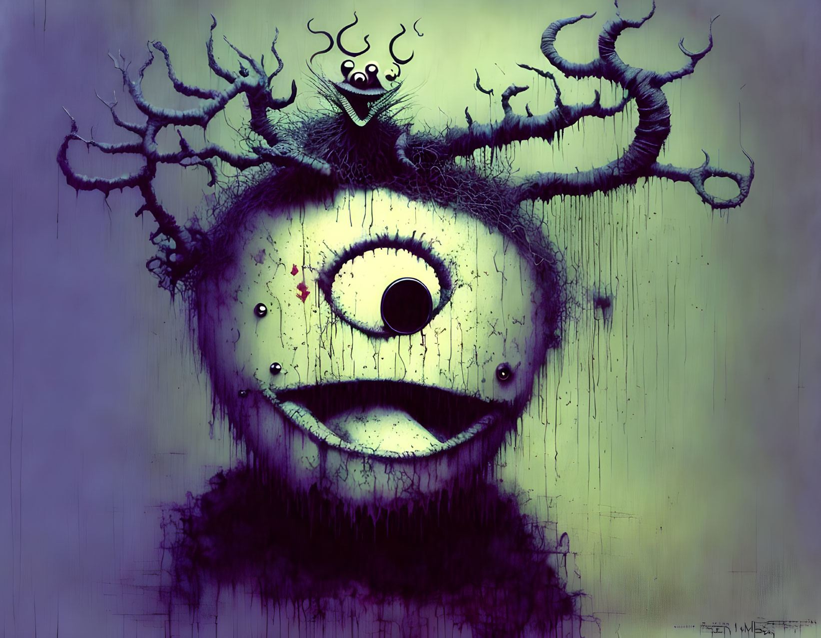 Surreal face art with central eye, wide grin, and tree-like antlers on green textured