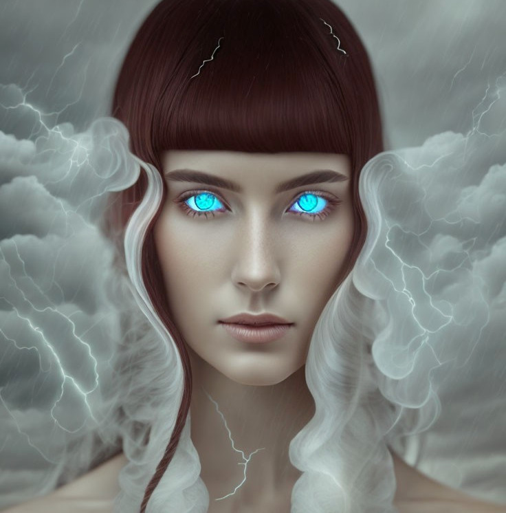 Digital artwork featuring woman with blue eyes and white hair amidst stormy clouds.