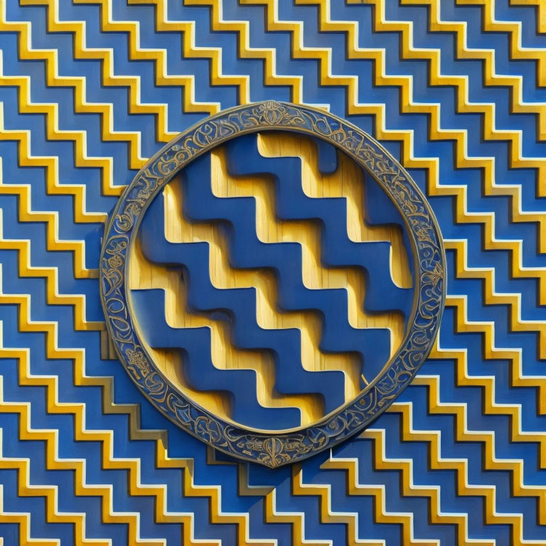 Round Blue and White Decorative Plate on Bold Yellow and Blue Geometric Wallpaper