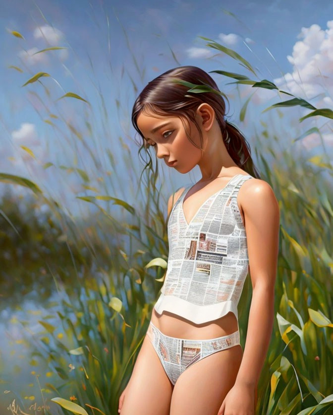 Contemplative girl in newspaper-patterned clothing by tall grasses and water