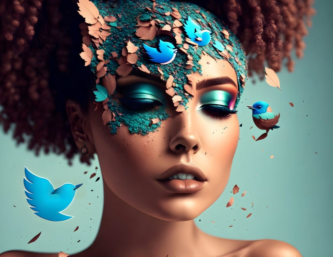 Surreal portrait of a woman with birds and floating fragments in teal and brown tones