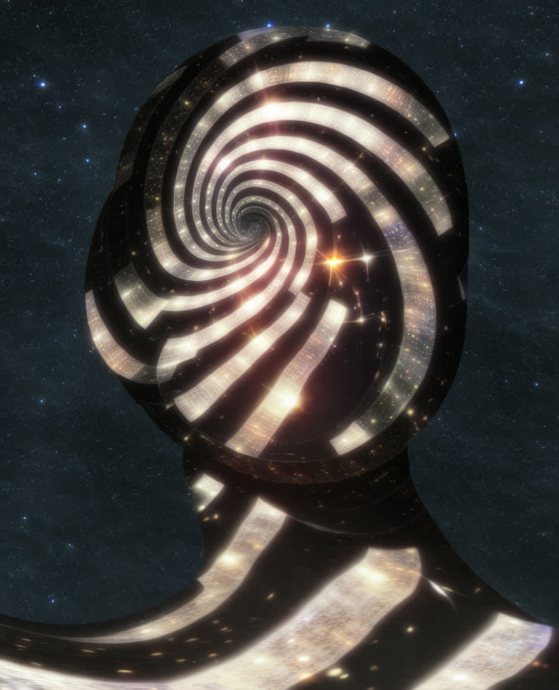 Silhouette of person's head with spiral galaxy effect in starry sky background