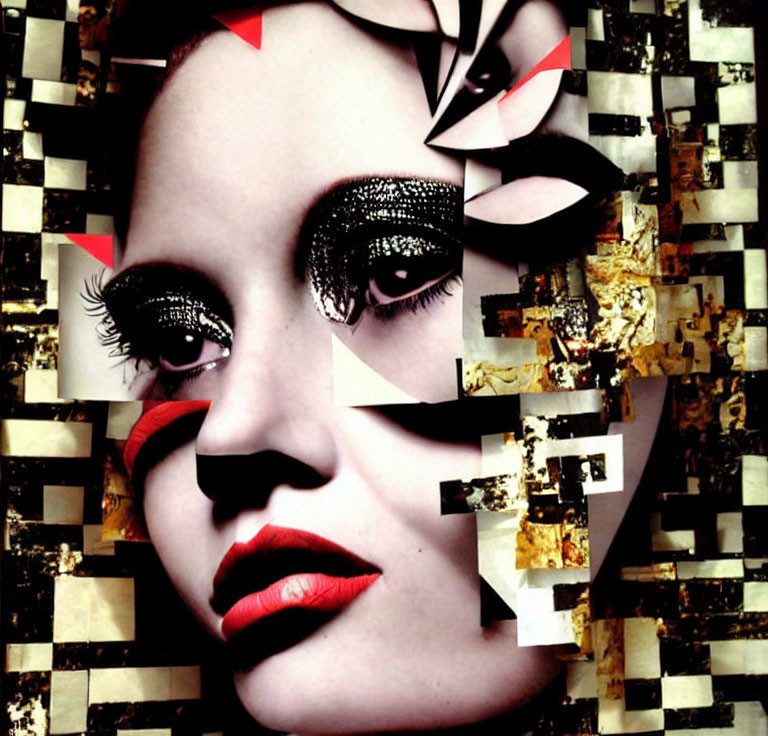 Collage-style portrait of woman with dark eye makeup and red lips on checkered background