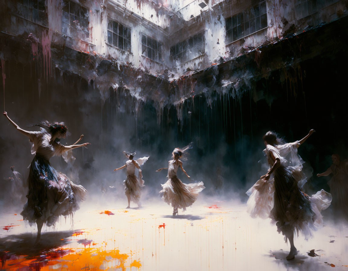 Energetic dancers in white dresses in abandoned building with sunbeams.