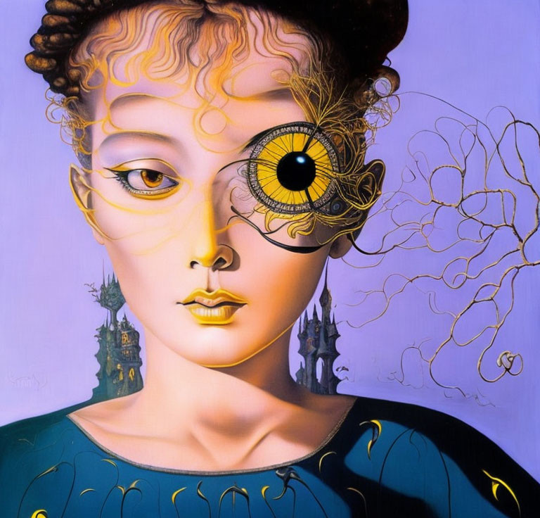 Surreal portrait of a woman with oversized eye and intricate facial patterns